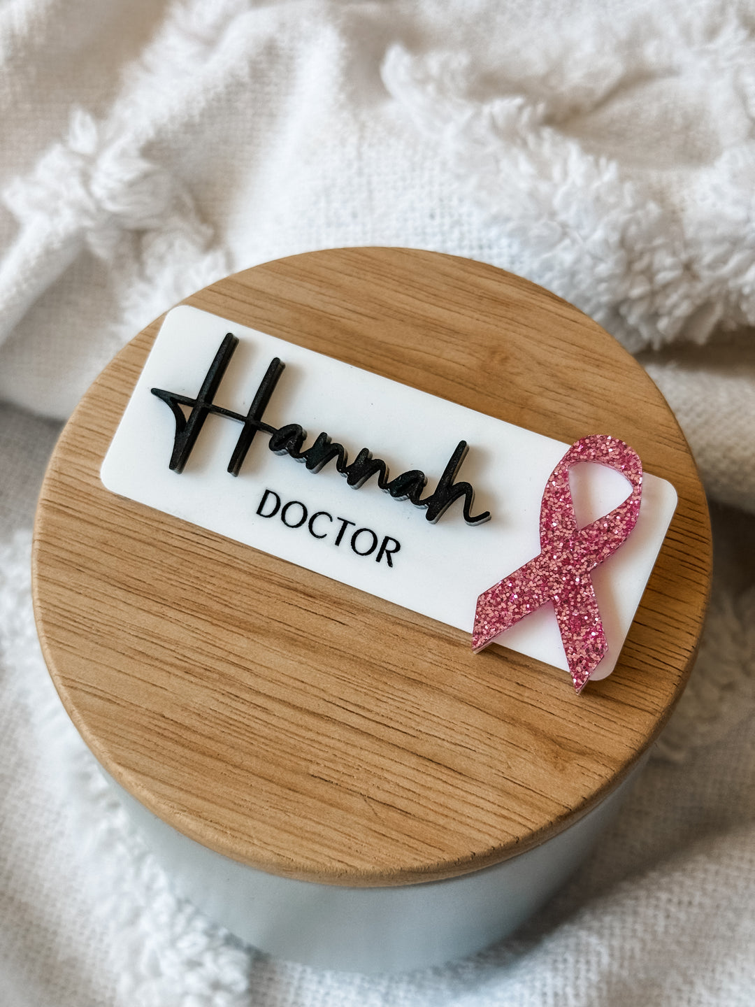 Pink Ribbon Name Badge - Thin Script