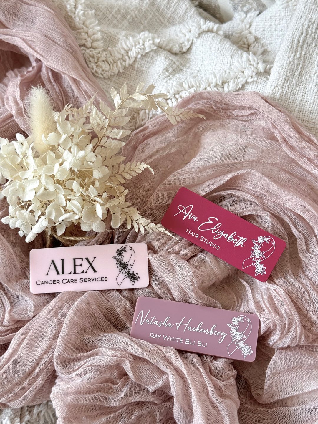Floral Pink Ribbon Name Badge