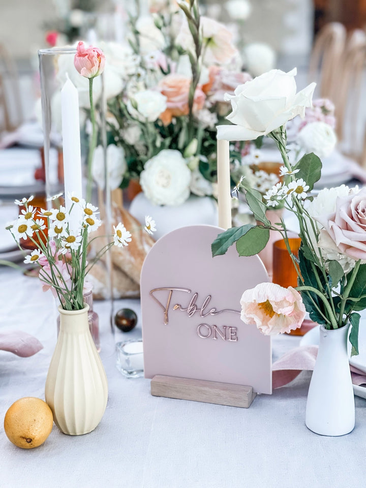Swift Script Arched Acrylic Table Numbers - The Humble Gift Co.