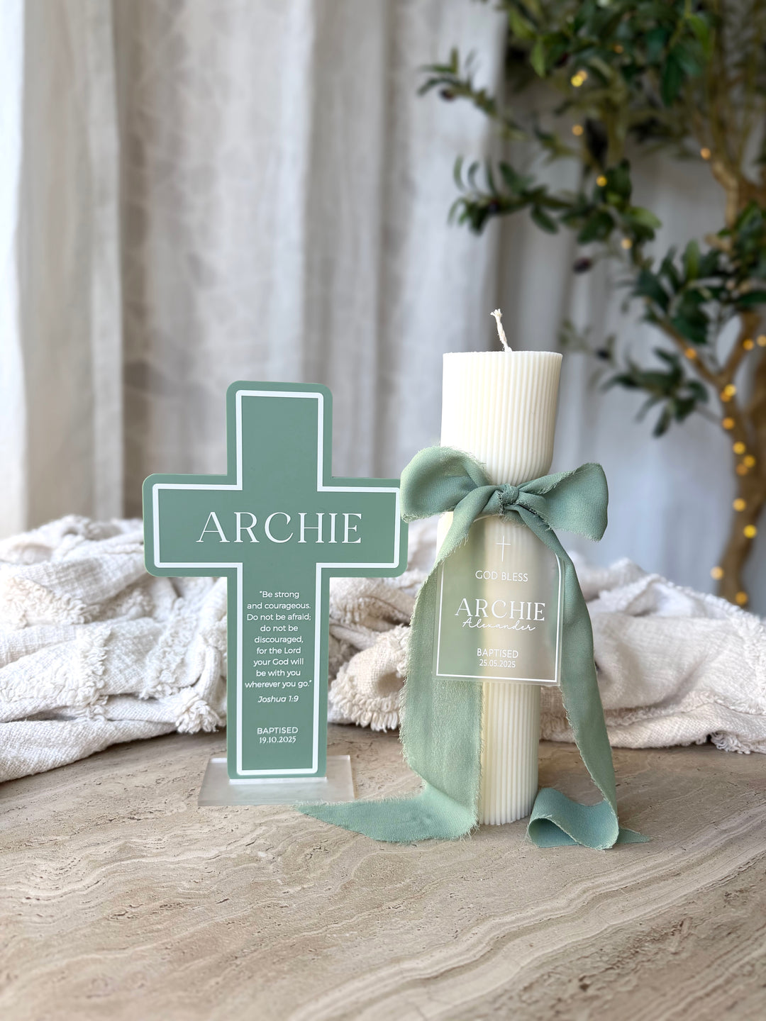 Personalised Baptism Cross, Candle & Tag Bundle - Style 2