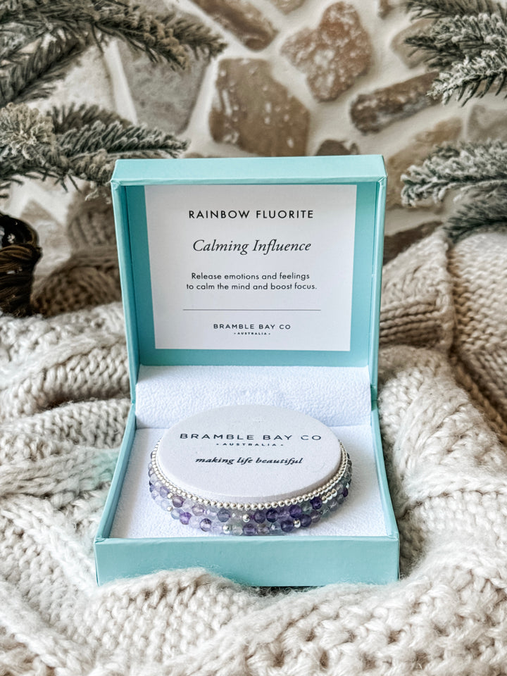 Trio Bracelet Set - Rainbow Fluorite & Silver Plated Beads for Calming Influence