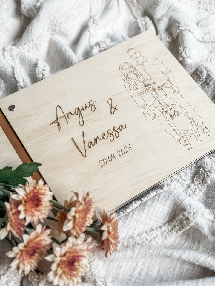 Wooden Guestbook with Line Art