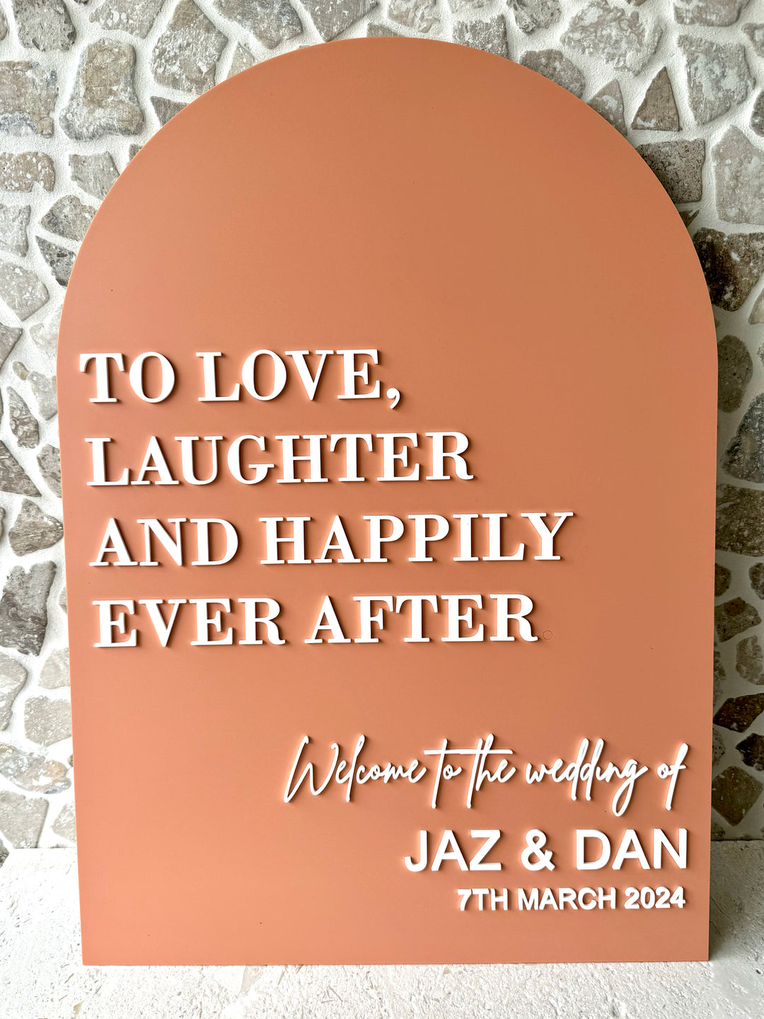 Acrylic Arch Welcome Sign - To Love, Laughter and Happily Ever After