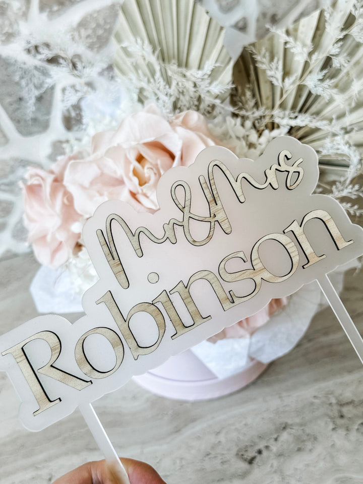 Mr & Mrs Acrylic Cake Topper - Layered Wood