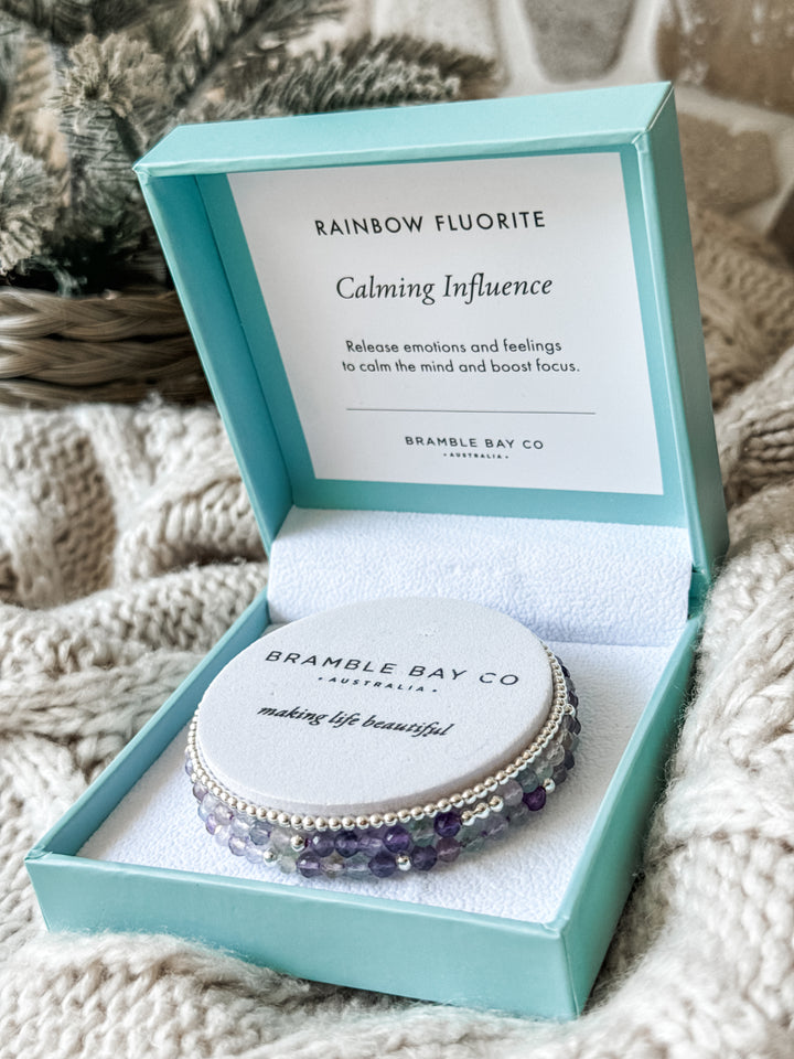 Trio Bracelet Set - Rainbow Fluorite & Silver Plated Beads for Calming Influence