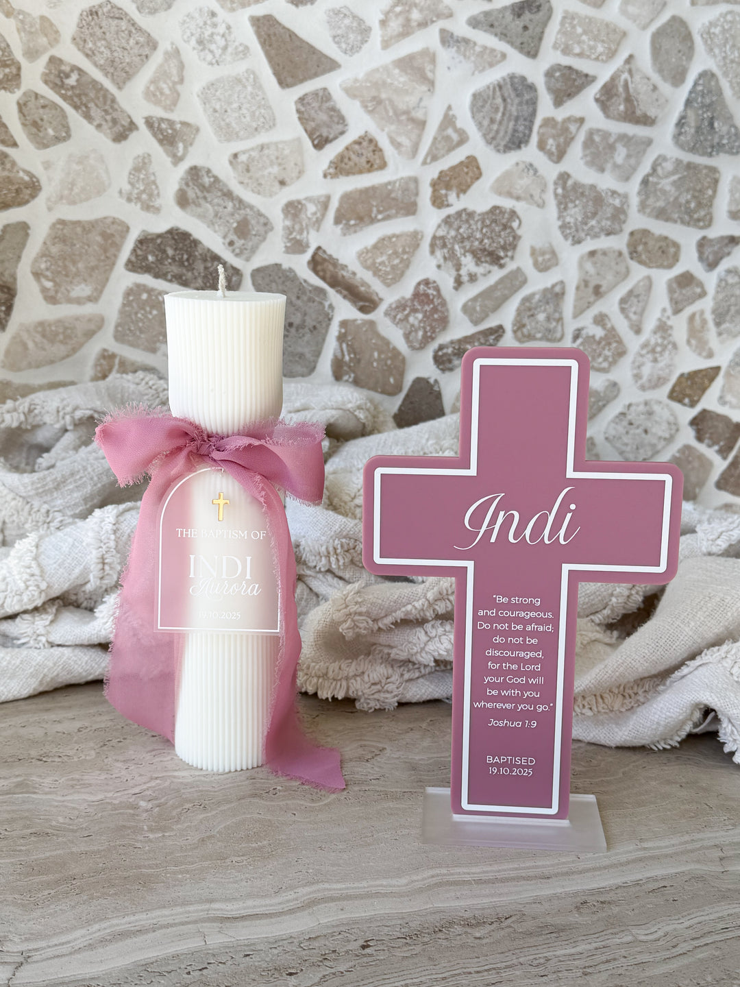 Personalised Baptism Cross, Candle & Tag Bundle - Style 1