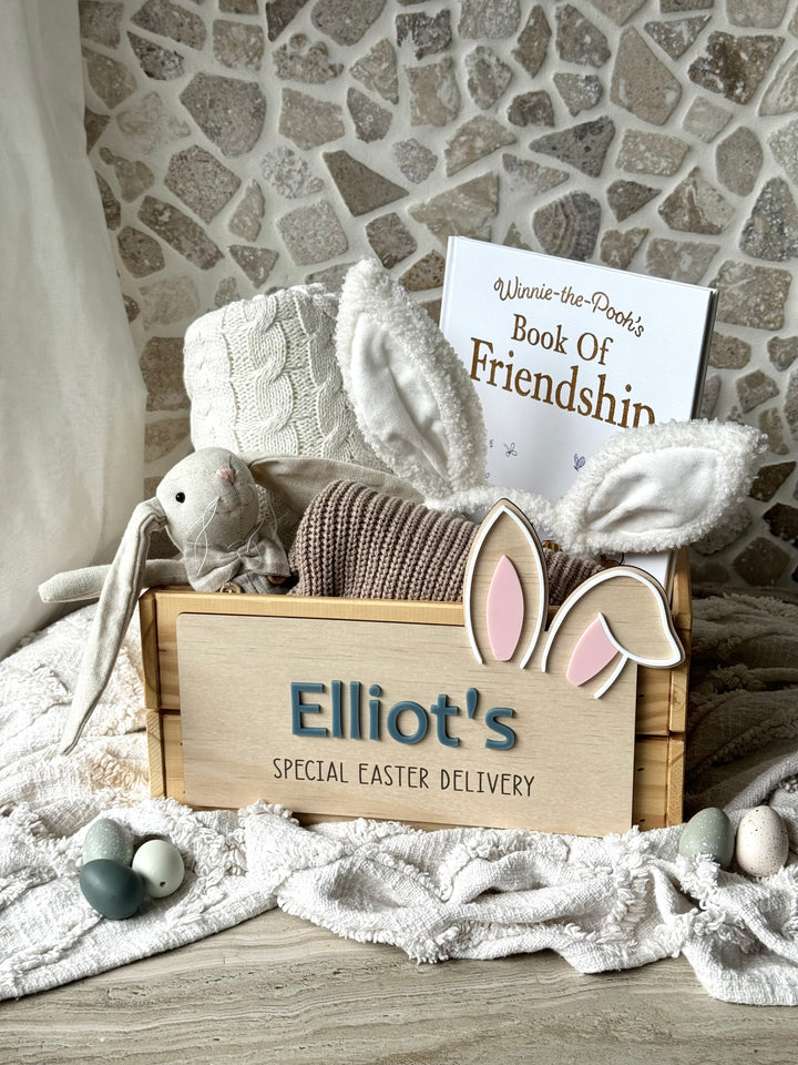 Floppy Bunny Ear Themed Wooden Crate Easter Plaque - Style 2