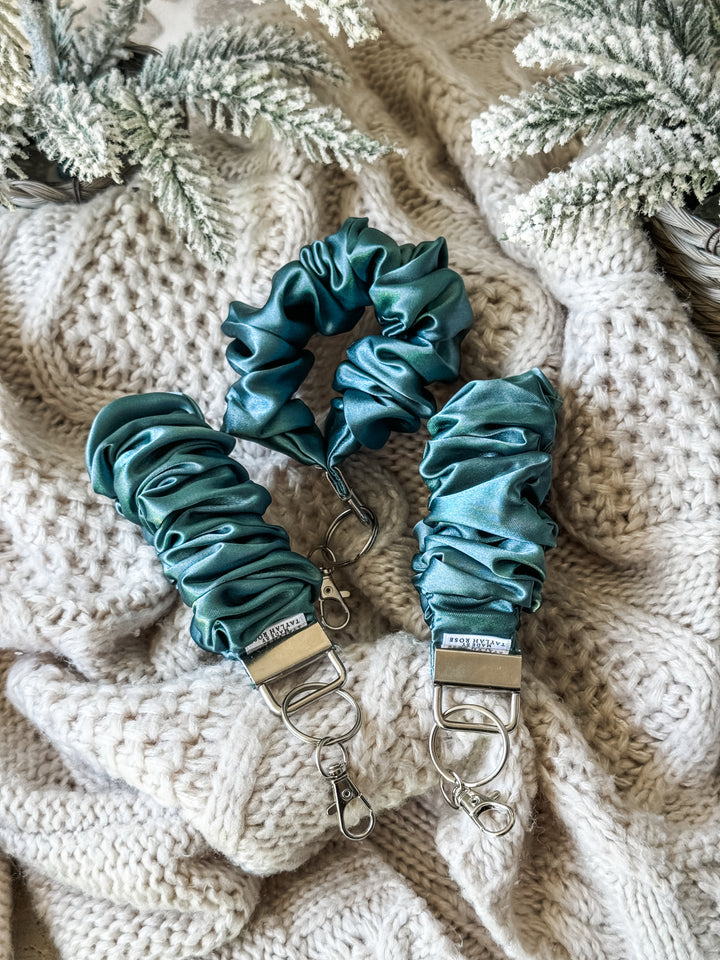 Teal Satin Scrunchie Wristlet Keychain
