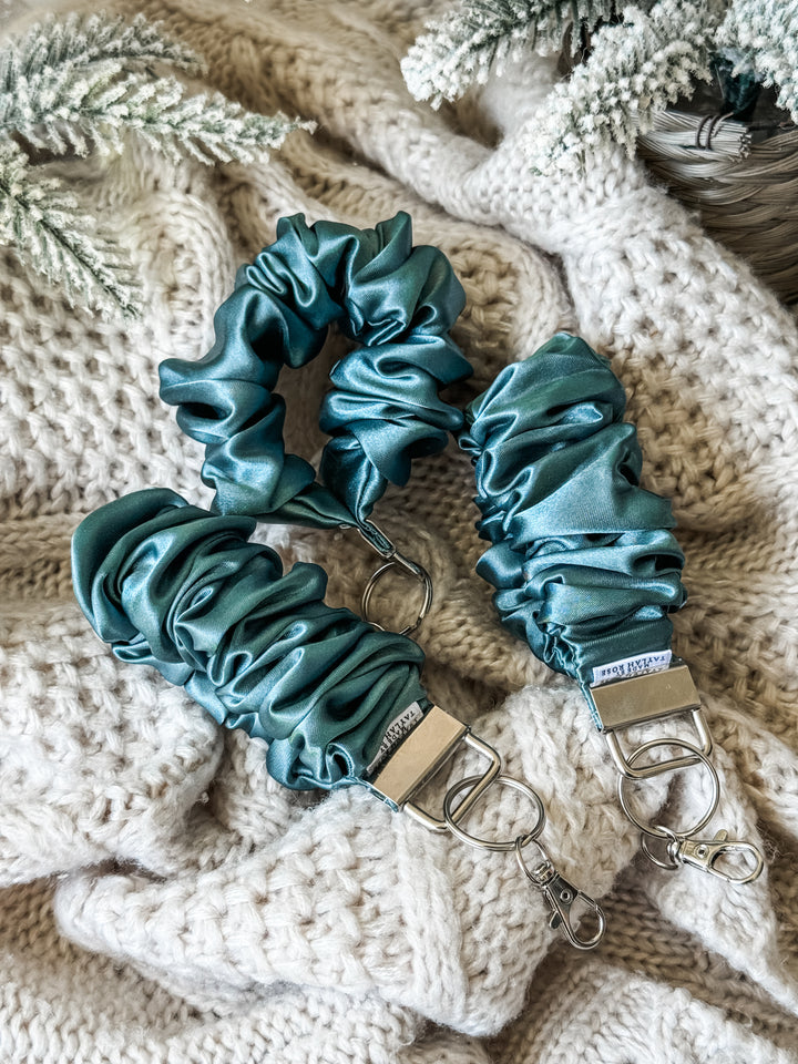 Teal Satin Scrunchie Wristlet Keychain