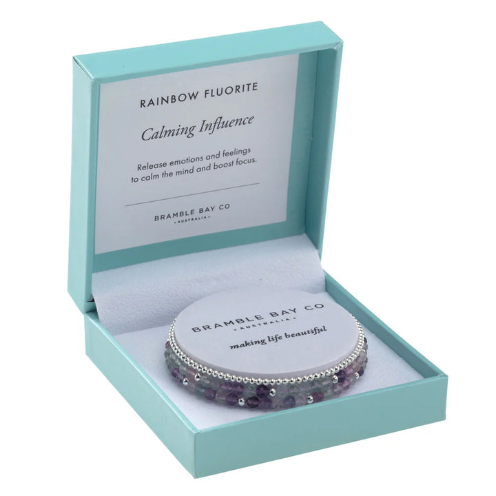 Trio Bracelet Set - Rainbow Fluorite & Silver Plated Beads for Calming Influence