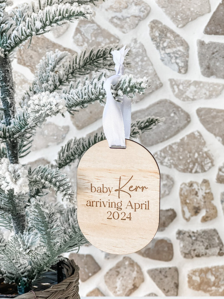 Baby 'Surname' Arriving Personalised Wooden Ornament - The Humble Gift Co.