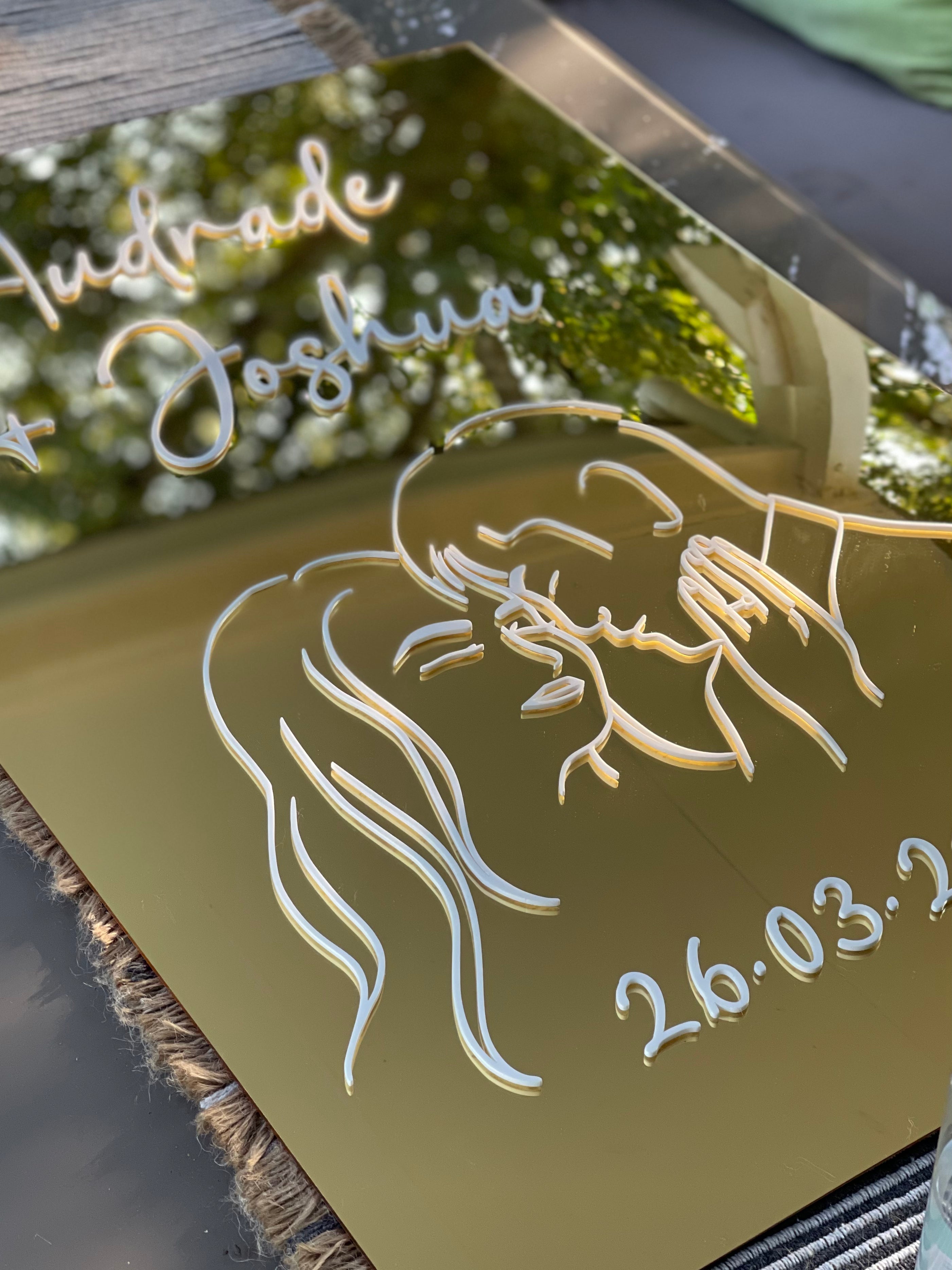 Mirror Acrylic Wedding Sign with Custom Line Art