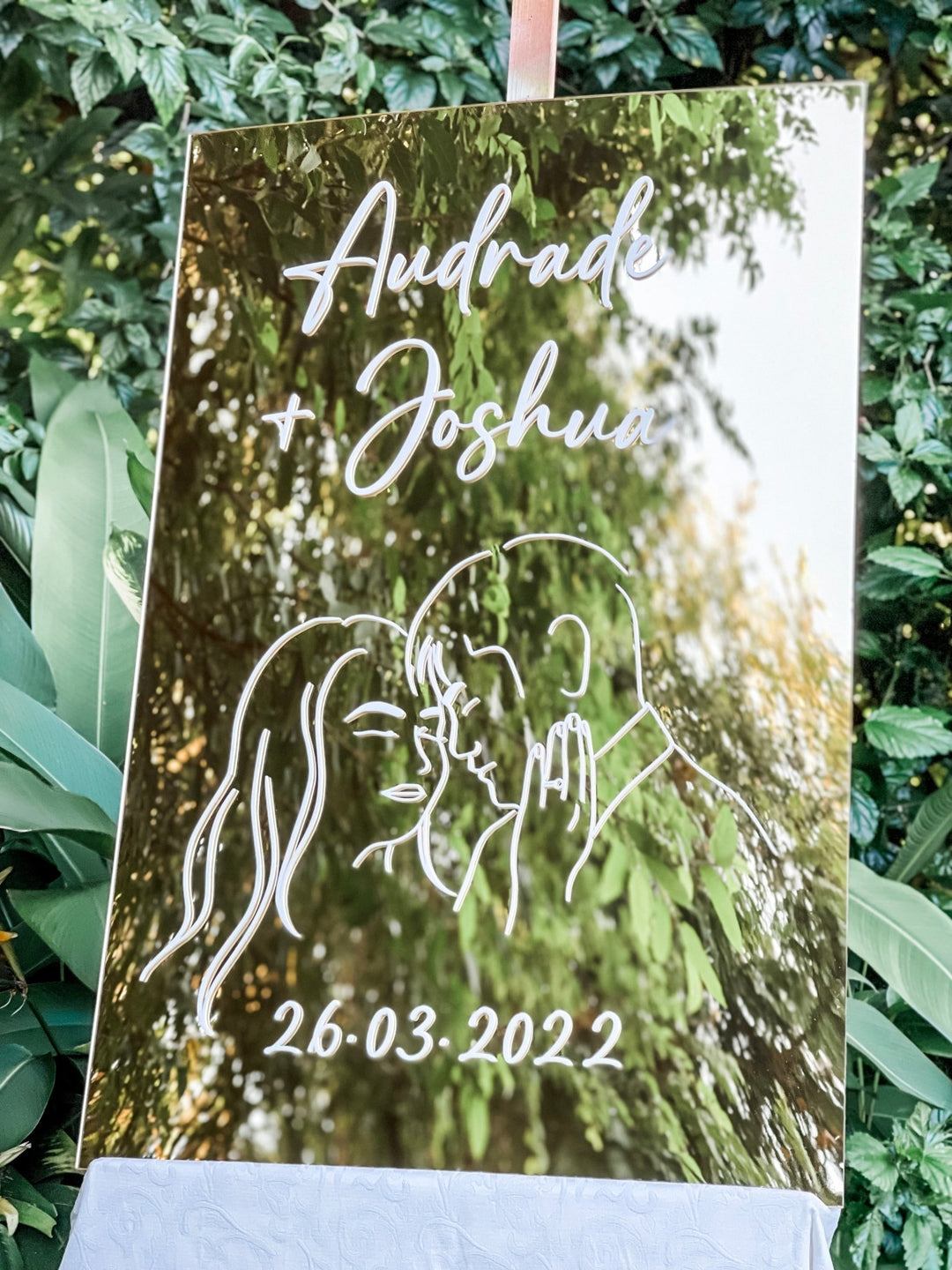 Mirror Acrylic Wedding Sign with Custom Line Art - The Humble Gift Co.