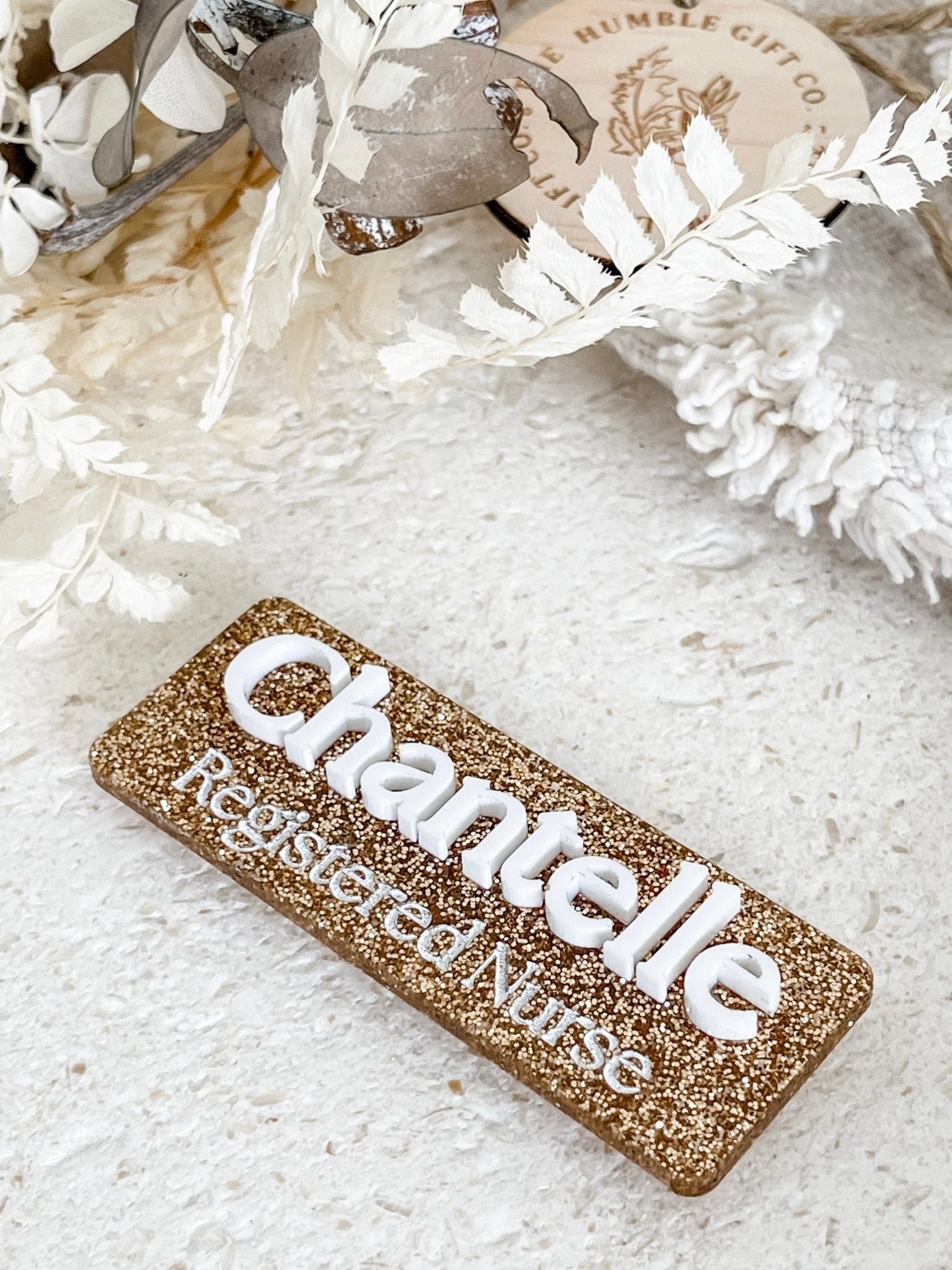 Name Badge with Occupation - Glitter Acrylic - The Humble Gift Co.