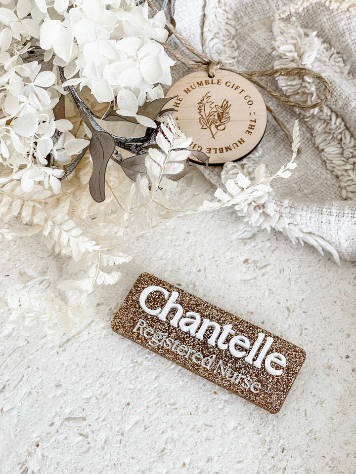 Name Badge with Occupation - Glitter Acrylic - The Humble Gift Co.