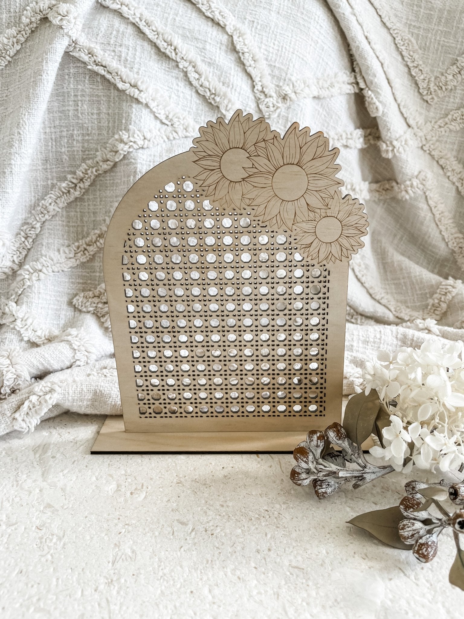 Plywood Rattan Earring Stand with Sunflower - The Humble Gift Co.